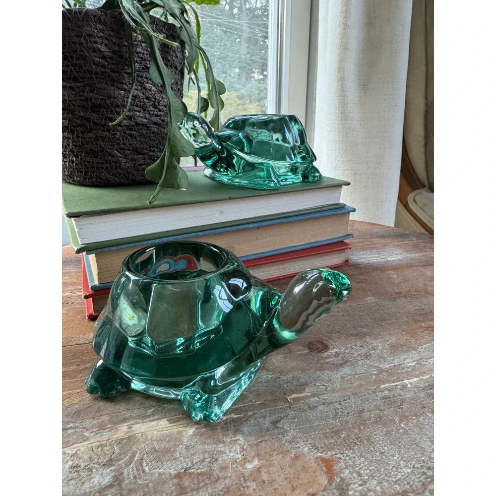 Vintage Indiana Glass Emerald Teal Green Turtle Candle Holder Set of 2 Figurines